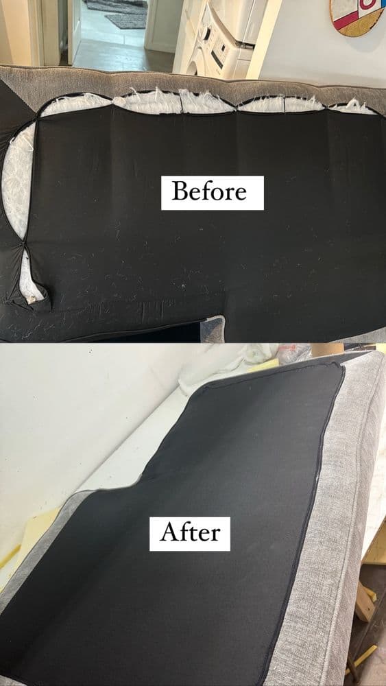 Torn sofa cushion backing before, and cleanly repaired after