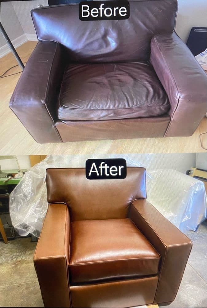Worn brown leather armchair before, and reupholstered in rich cognac leather after