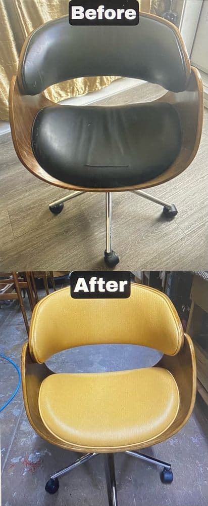 Bentwood office chair with worn black seat before, and new mustard upholstery after