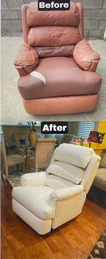 Faded rose leather recliner before, and reupholstered in cream after